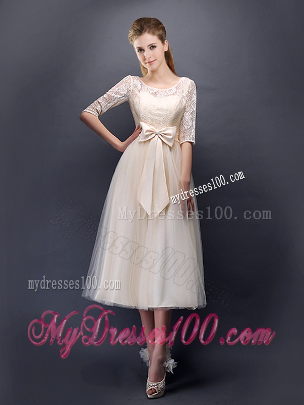 See Through Scoop Half Sleeves Champagne Dama Dress with Bowknot