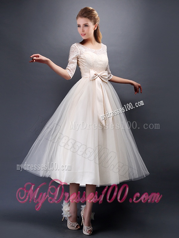 See Through Scoop Half Sleeves Champagne Dama Dress with Bowknot