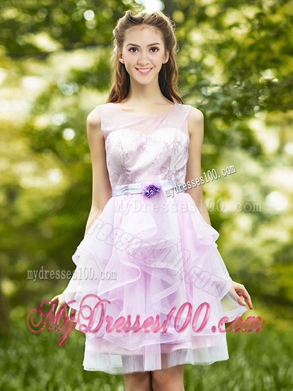 See Through Scoop Short Dama Dress with Sashes and Ruffles