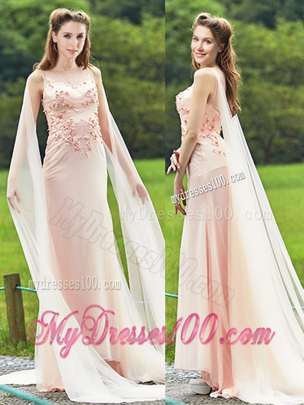 Unique Bateau Watteau Train Light Pink Dama Dress with Applique