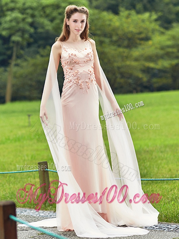 Unique Bateau Watteau Train Light Pink Dama Dress with Applique