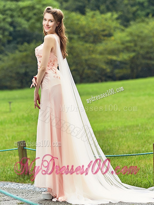 Unique Bateau Watteau Train Light Pink Dama Dress with Applique