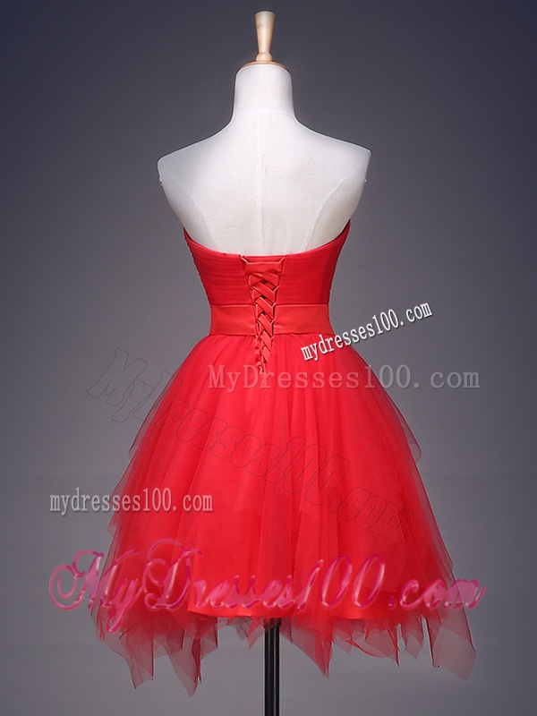 Wonderful Ruffled and Belted Short Dama Dress in Red