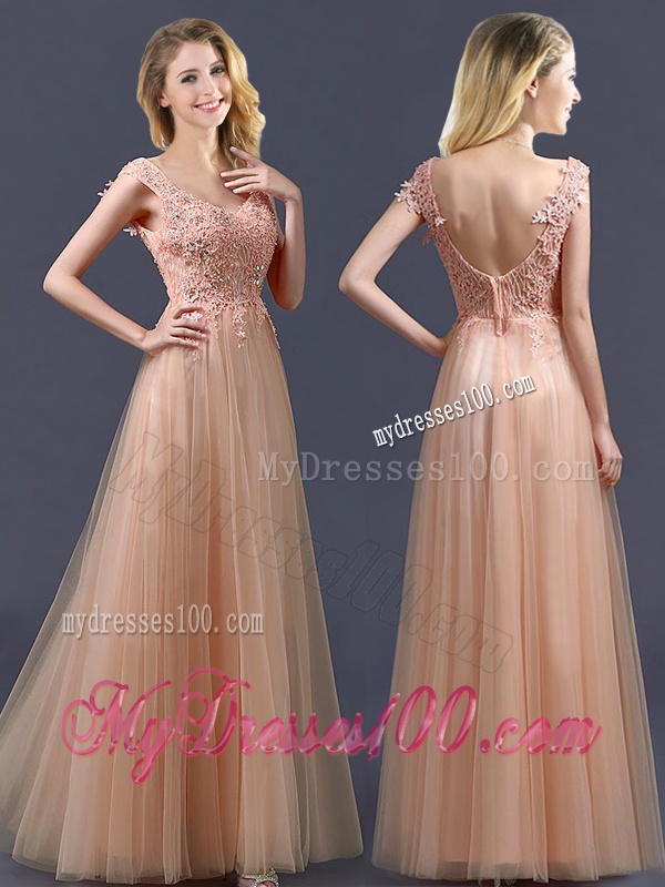 Top Selling V Neck Long Dama Dress with Appliques and Beading
