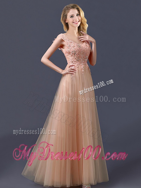 Top Selling V Neck Long Dama Dress with Appliques and Beading