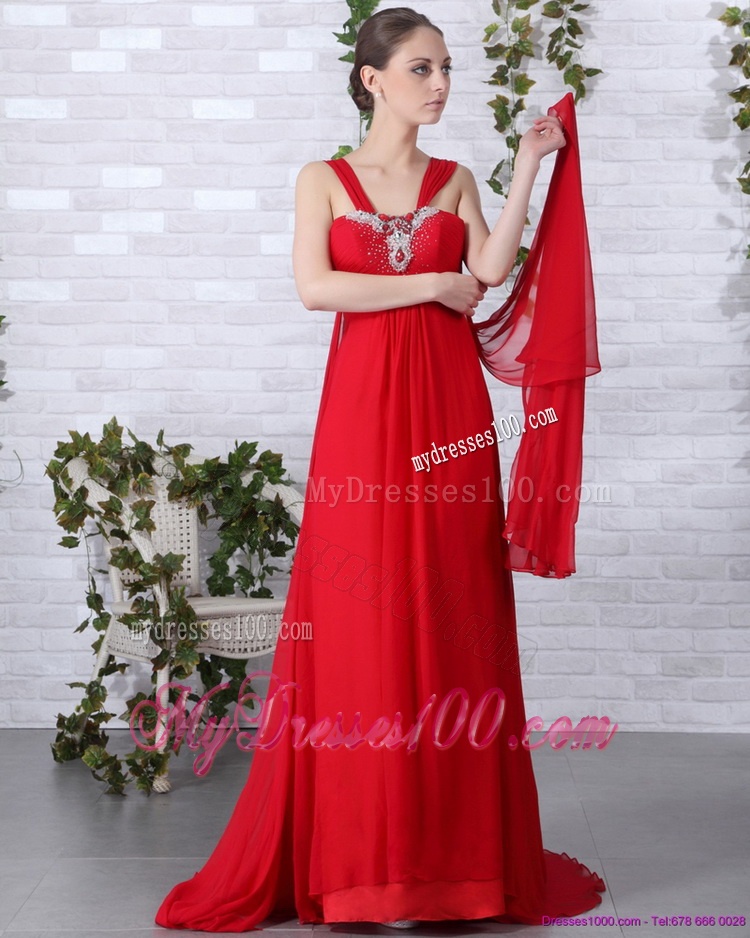 2016 Beautiful Beaded Empire Red Evening Dress with Brush Train