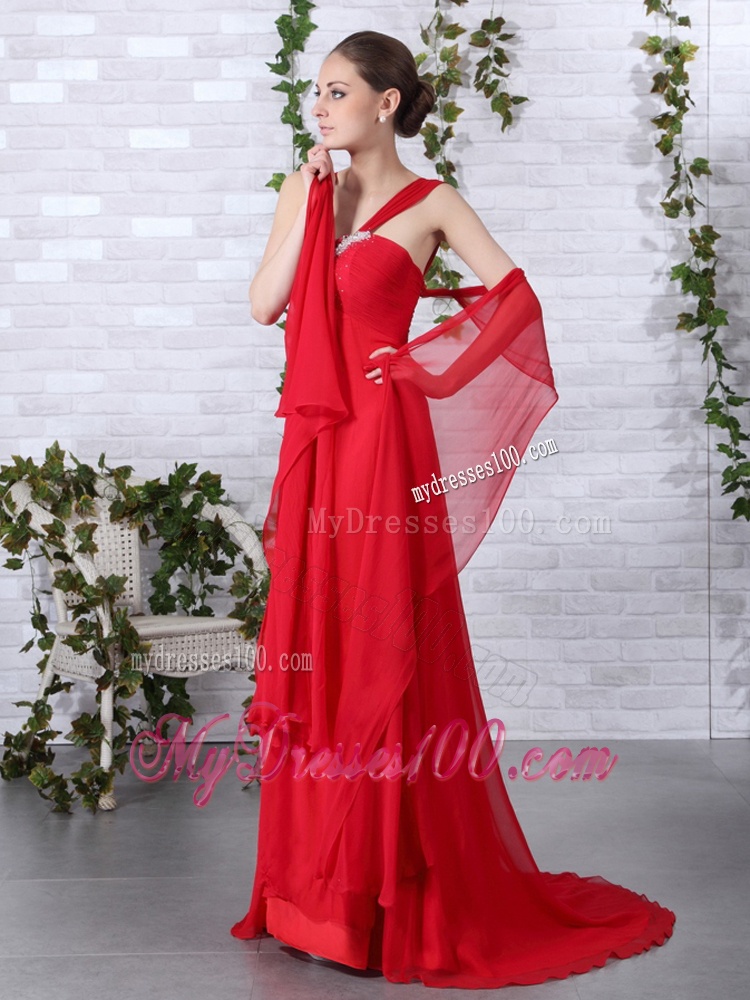 2016 Beautiful Beaded Empire Red Evening Dress with Brush Train