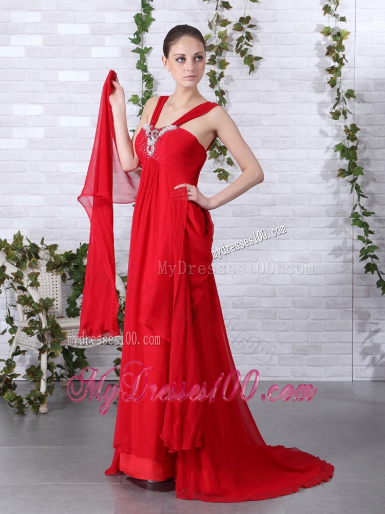 2016 Beautiful Beaded Empire Red Evening Dress with Brush Train