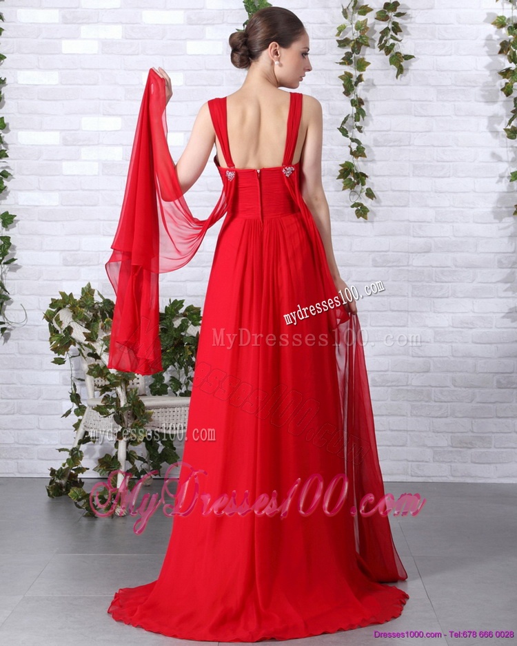 2016 Beautiful Beaded Empire Red Evening Dress with Brush Train