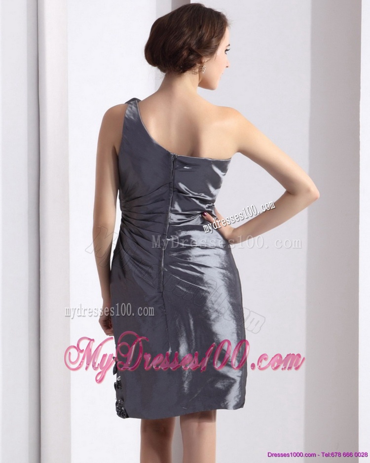 2016 Modest One Shoulder Knee Length Evening Dress with Hand Made Flowers and Ruching