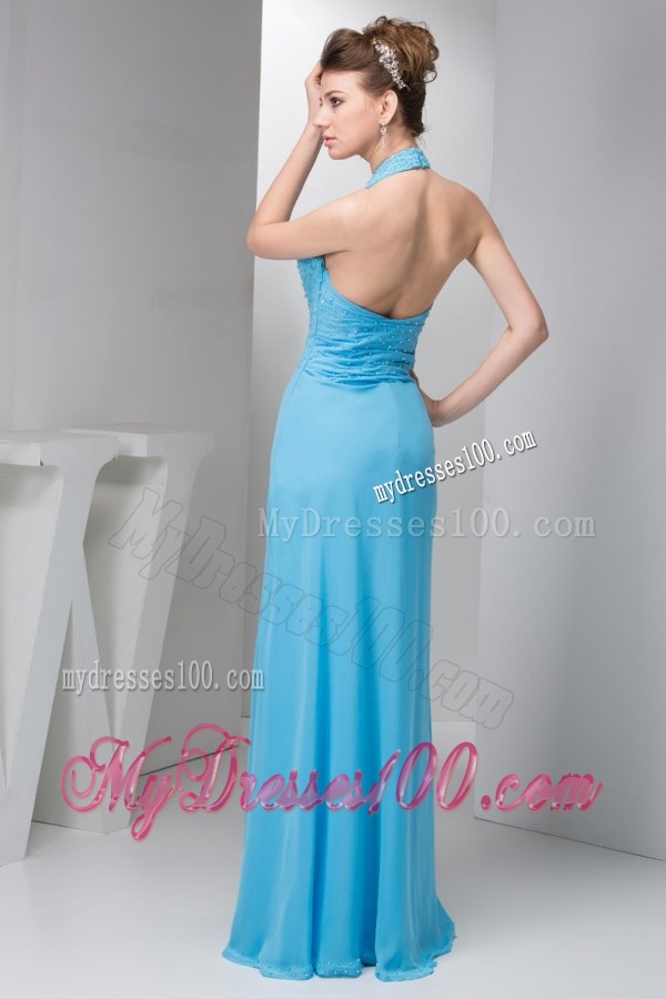 2016 Spring Aqua Blue Empire Halter Beading Chiffon Evening Dress