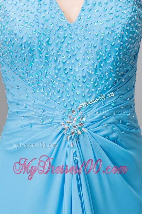 2016 Spring Aqua Blue Empire Halter Beading Chiffon Evening Dress