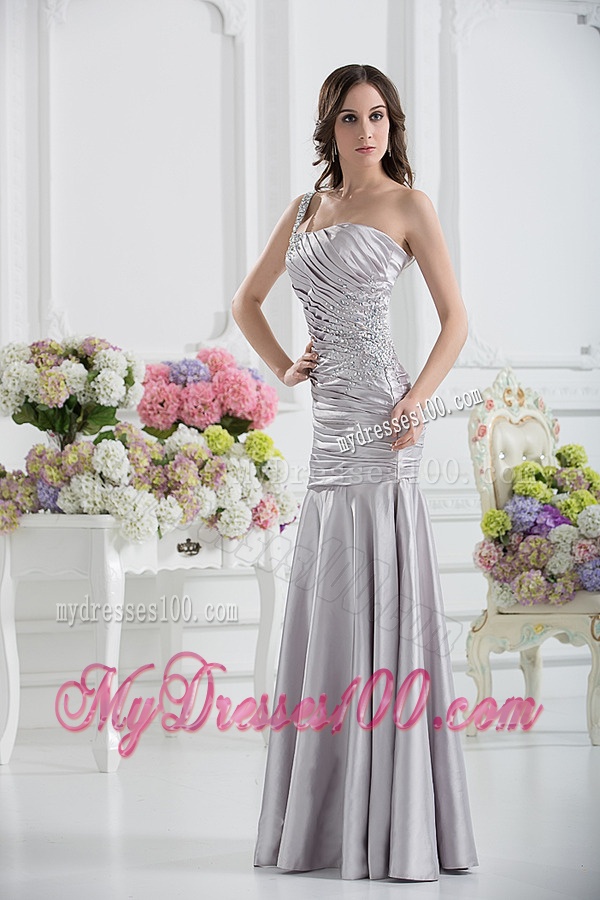 A-line One Shoulder Satin Beading and Ruching Evening Dress in Sliver