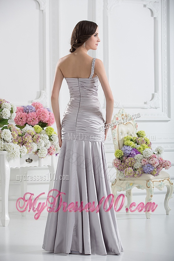 A-line One Shoulder Satin Beading and Ruching Evening Dress in Sliver