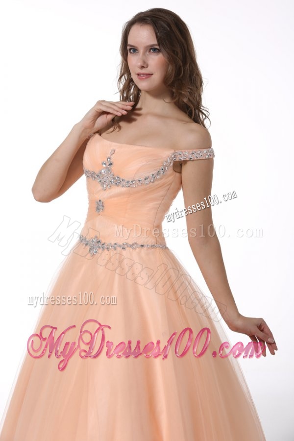 A-line Peach Off The Shoulder Beading Ruching Floor-length Tulle Evening Dress