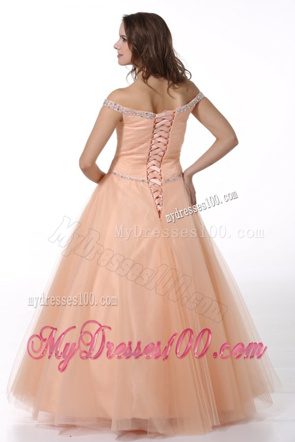 A-line Peach Off The Shoulder Beading Ruching Floor-length Tulle Evening Dress