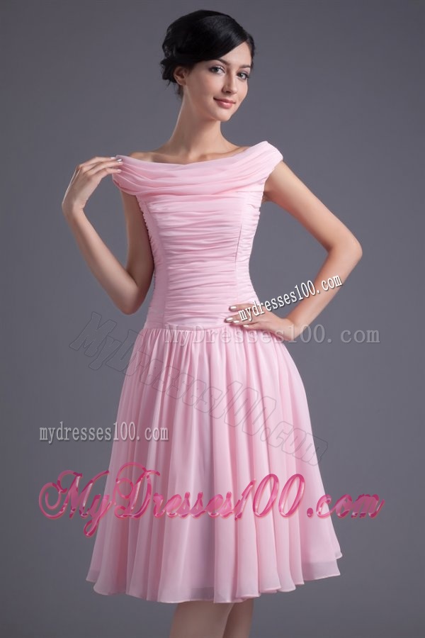 A-line Pink Off the Shoulder Chiffon Knee-length Ruching Evening Dress