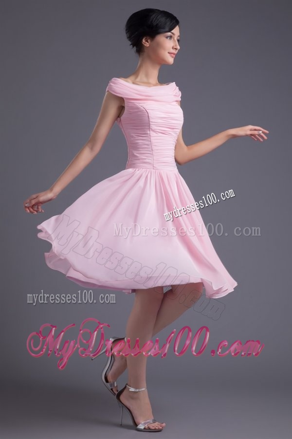 A-line Pink Off the Shoulder Chiffon Knee-length Ruching Evening Dress