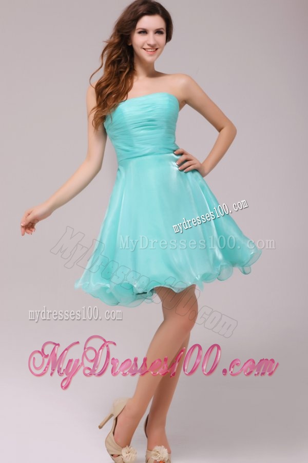 A-line Strapless Aqua Blue Organza Ruching Evening Dress