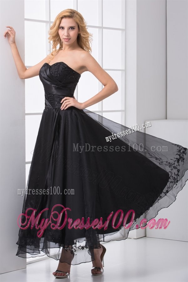 A-line Strapless Black Ankle-length Embroidery Evening Dress