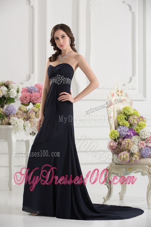A-line Sweetheart Chiffon Beading Ruching Black Evening Dress