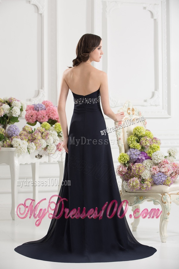 A-line Sweetheart Chiffon Beading Ruching Black Evening Dress