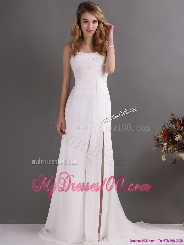Affordable Ruching and High Slit 2016 Evening Dress in White