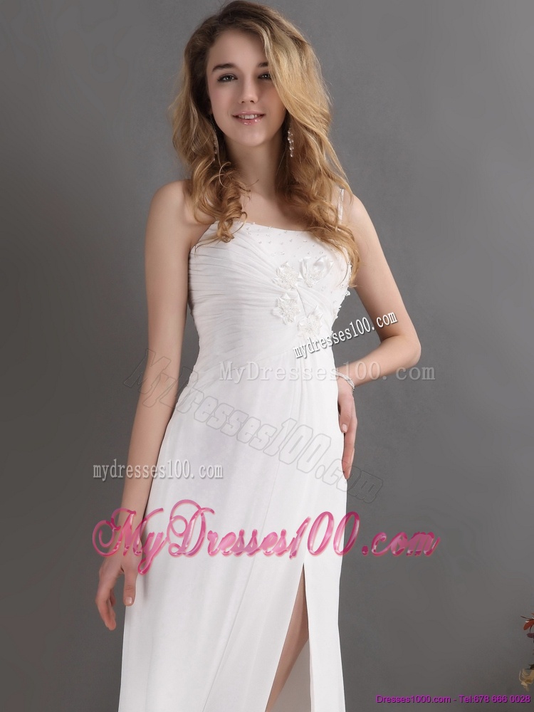 Affordable Ruching and High Slit 2016 Evening Dress in White