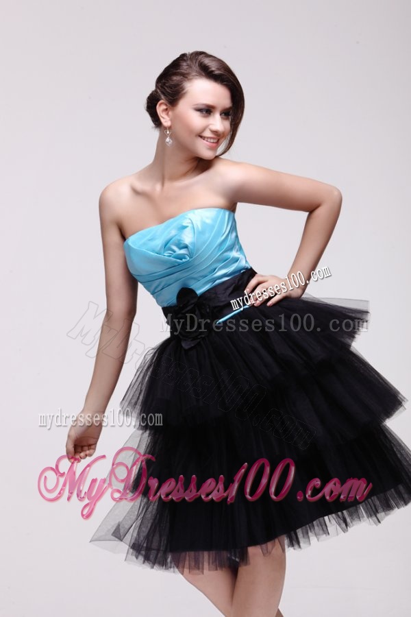 Aqua Blue and Black Short Evening Dress with Flowers and Layers