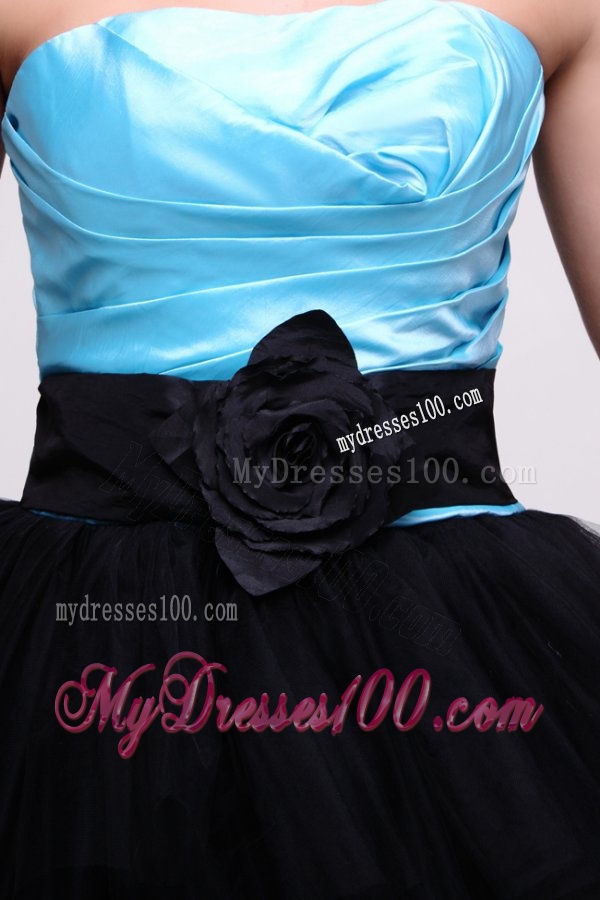 Aqua Blue and Black Short Evening Dress with Flowers and Layers