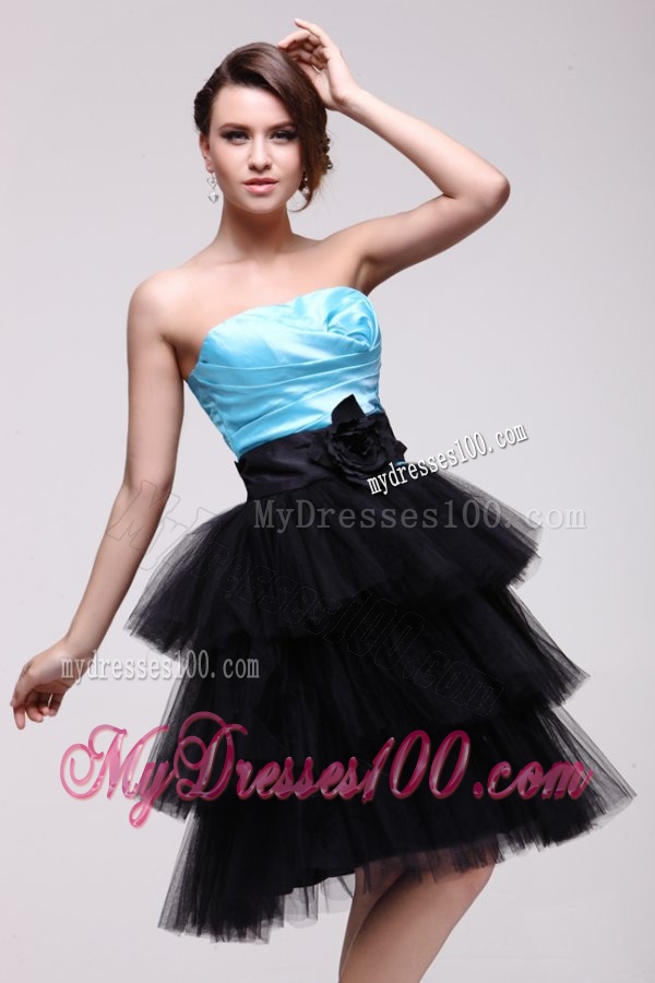 Aqua Blue and Black Short Evening Dress with Flowers and Layers