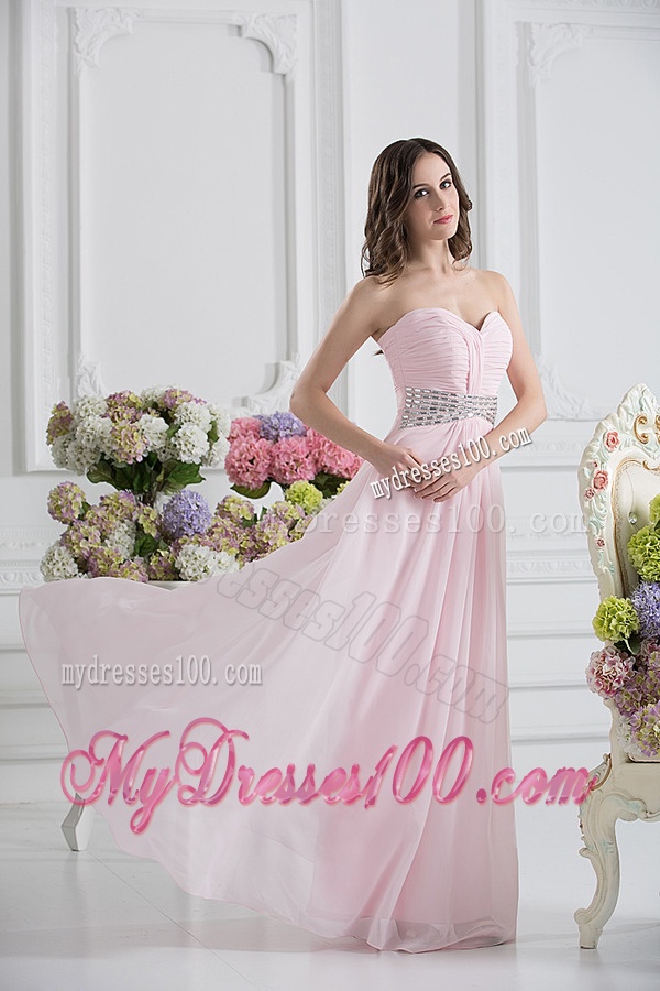 Baby Pink Sweetheart Empire Evening Dress with Ruching and Beading