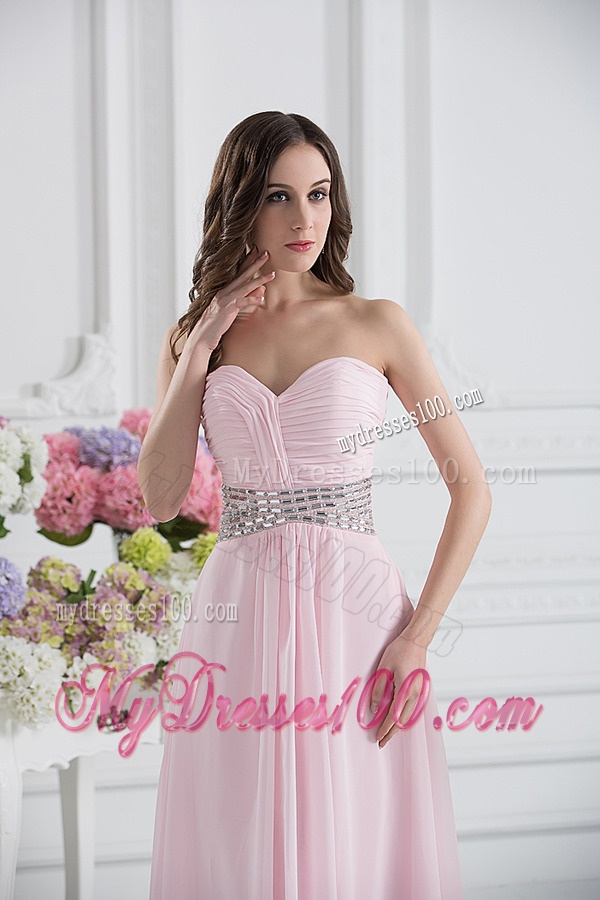 Baby Pink Sweetheart Empire Evening Dress with Ruching and Beading