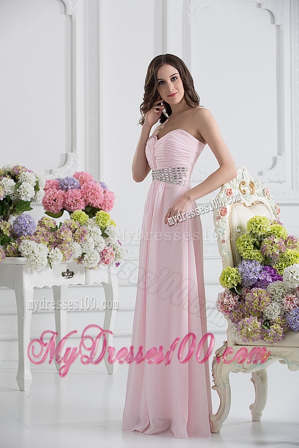 Baby Pink Sweetheart Empire Evening Dress with Ruching and Beading