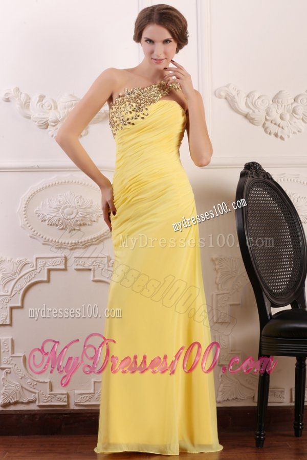 Beaded Decorate One Shoulder Yellow Chiffon Column Evening Dress