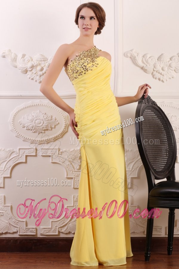 Beaded Decorate One Shoulder Yellow Chiffon Column Evening Dress