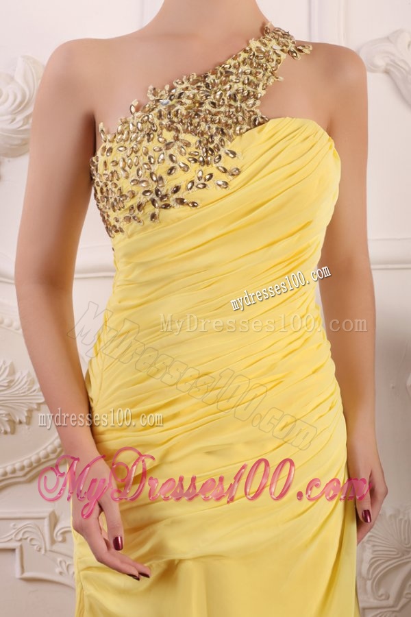 Beaded Decorate One Shoulder Yellow Chiffon Column Evening Dress