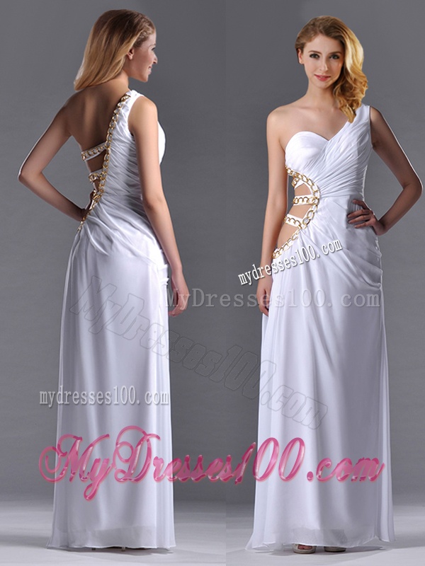 Beautiful Cut Out Waist One Shoulder White Evening Dress with Beading