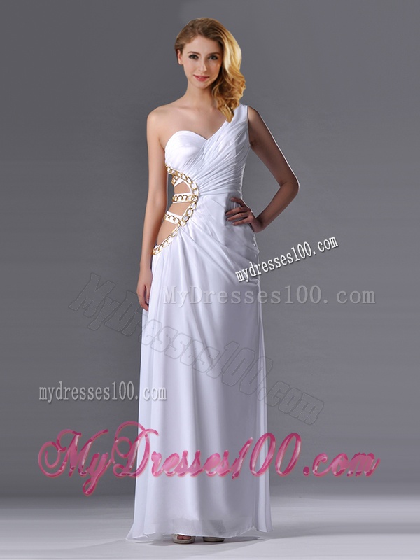 Beautiful Cut Out Waist One Shoulder White Evening Dress with Beading