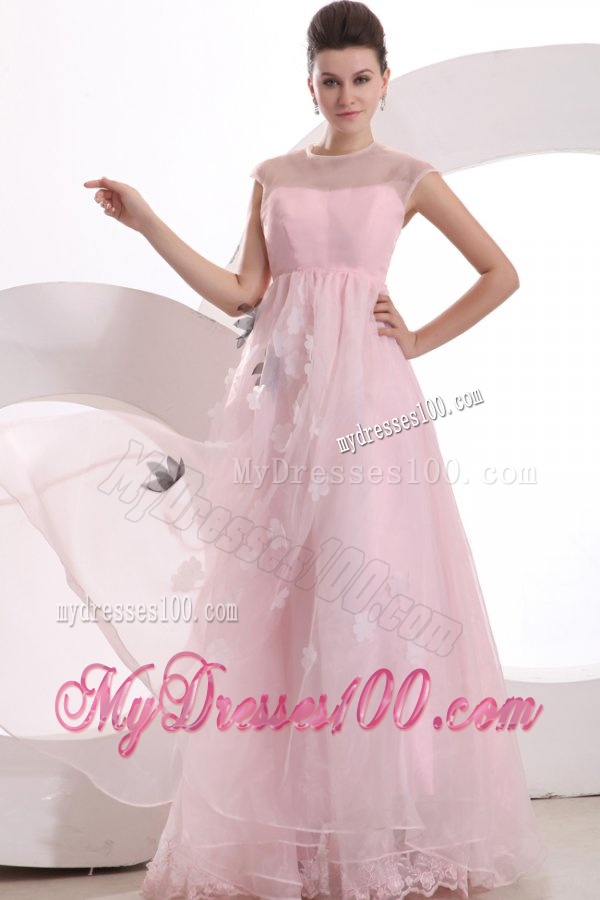 Beautiful Empire Pink Organza Appliques Evening Dress with High Neck