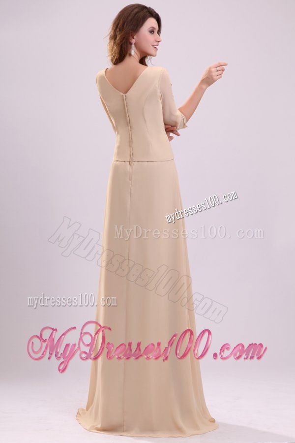 Champagne Column V-neck Ruching Chiffon Evening Dress with Half Sleeves