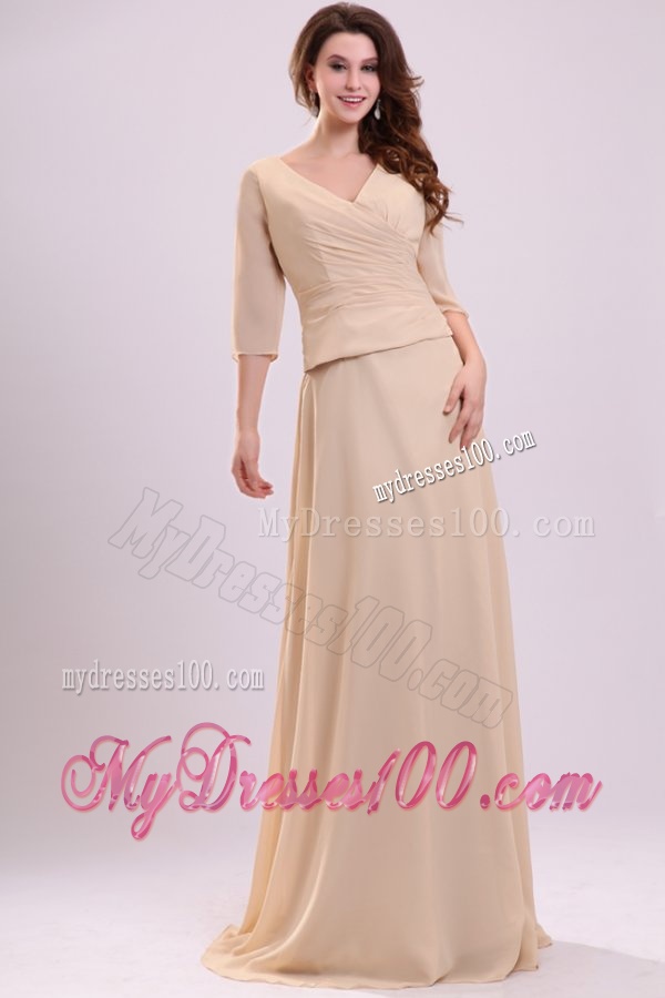 Champagne Column V-neck Ruching Chiffon Evening Dress with Half Sleeves