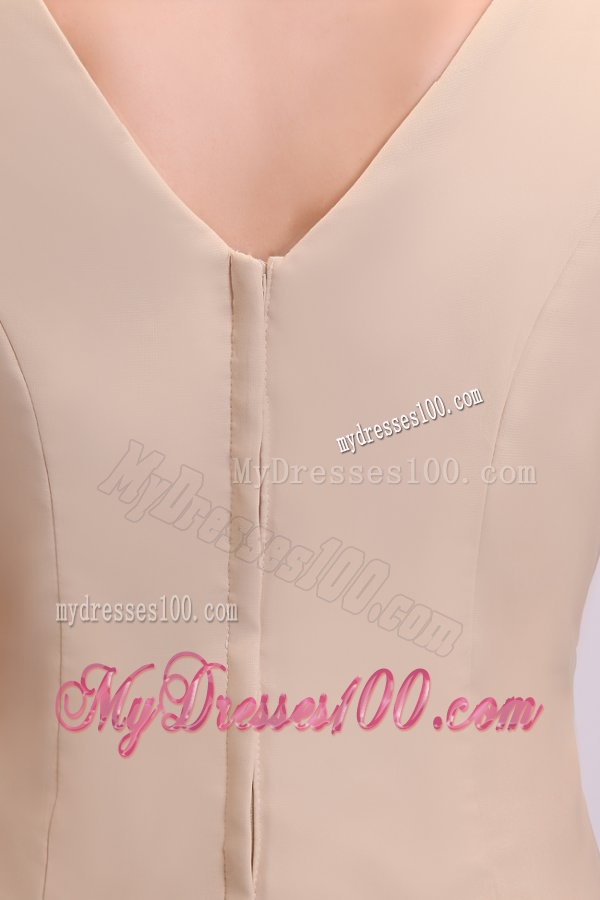 Champagne Column V-neck Ruching Chiffon Evening Dress with Half Sleeves