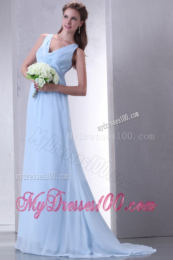 Cheap Empire V-neck Light Blue Evening Dress with Ruching