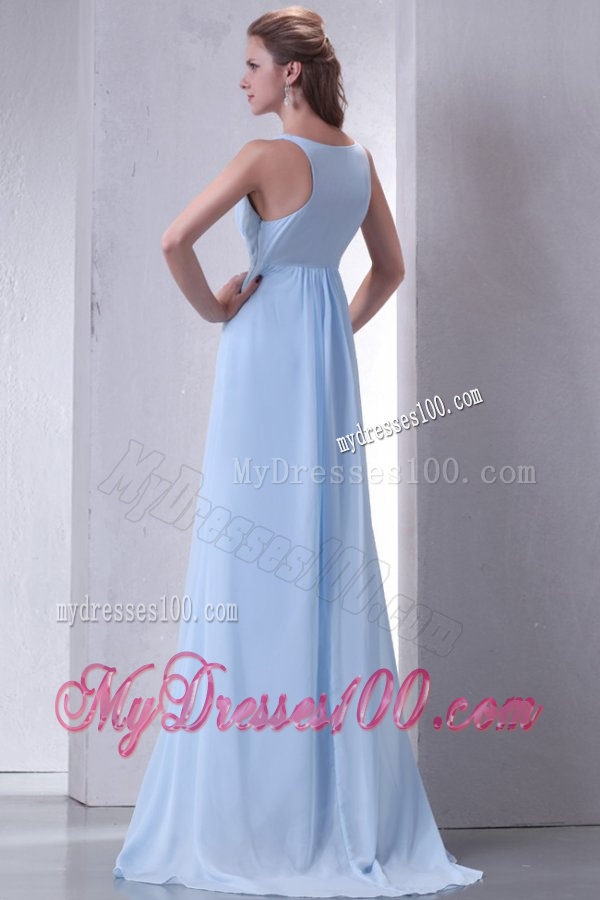 Cheap Empire V-neck Light Blue Evening Dress with Ruching