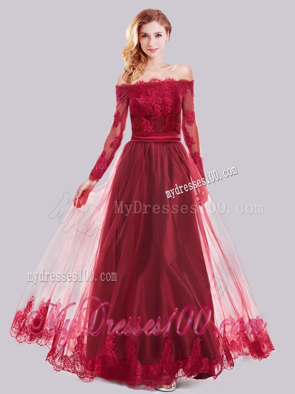 Cheap Off the Shoulder Long Sleeves Applique Evening Dress in Tulle