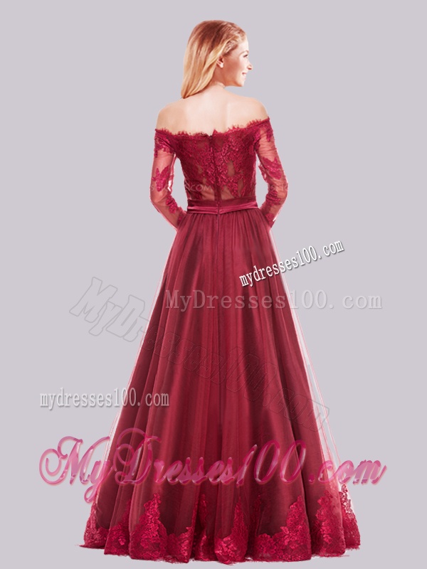 Cheap Off the Shoulder Long Sleeves Applique Evening Dress in Tulle