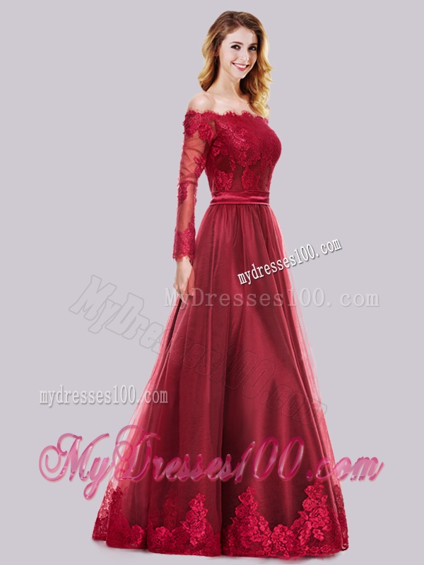 Cheap Off the Shoulder Long Sleeves Applique Evening Dress in Tulle