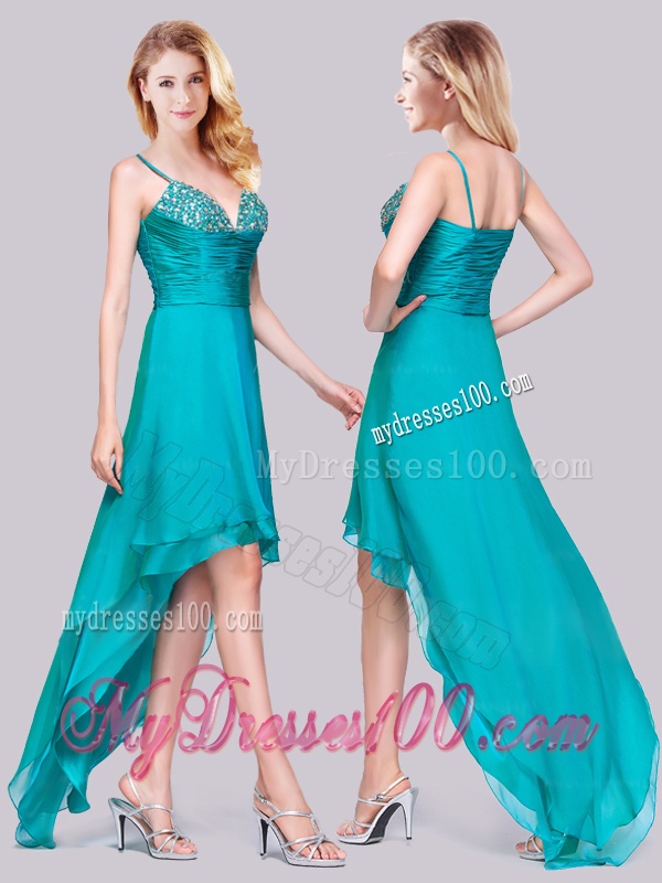 Classical High Low Beaded Bust Side Zipper Evening Dress in Teal