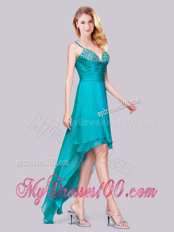 Classical High Low Beaded Bust Side Zipper Evening Dress in Teal